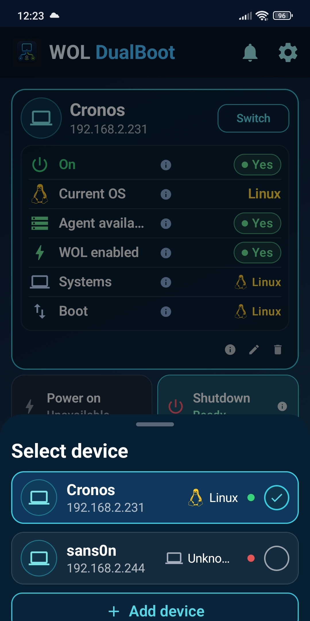 Selector de dispositivos de WOL DualBoot en móvil.