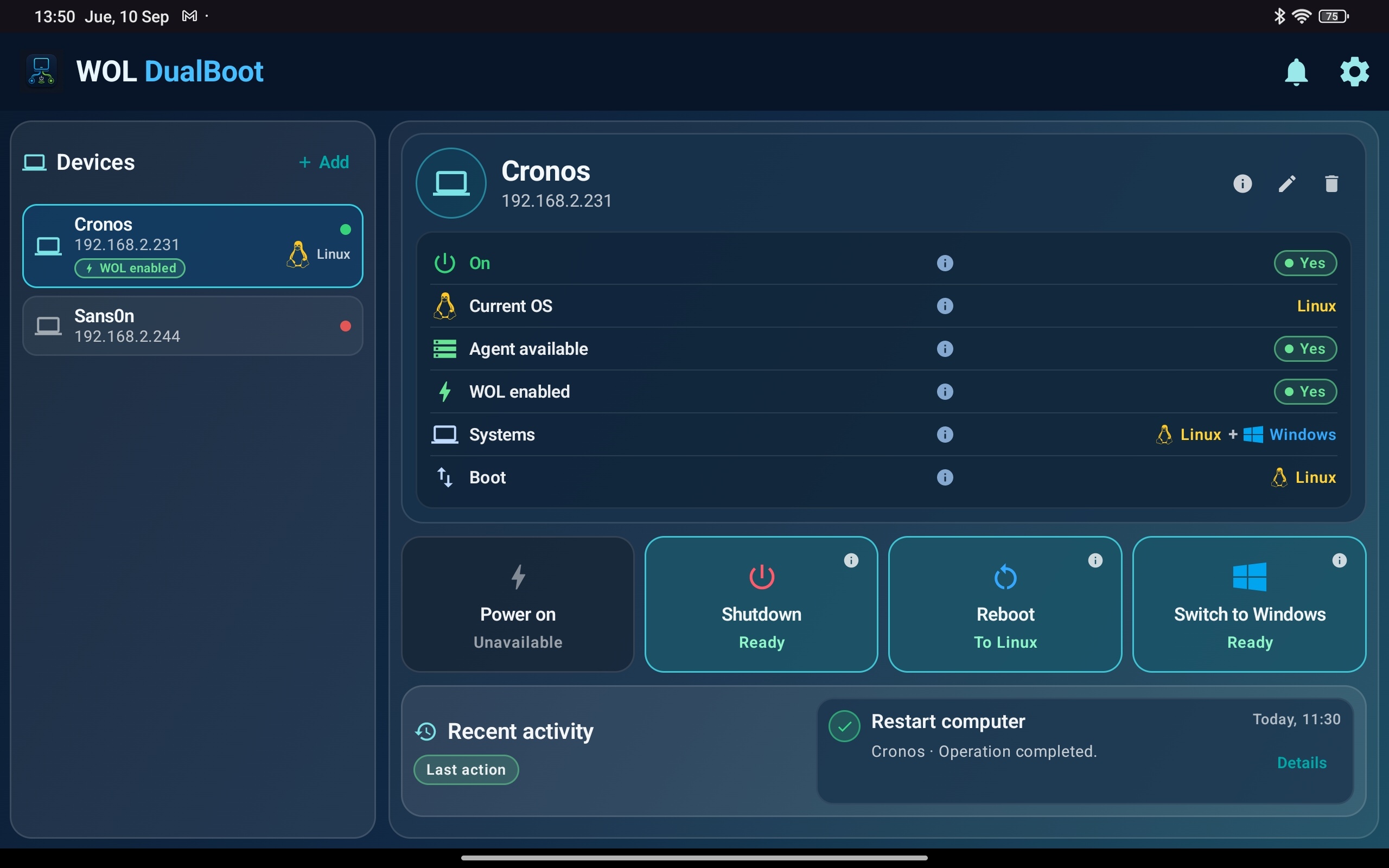 WOL DualBoot tablet dashboard with a powered-on Linux computer and quick actions.