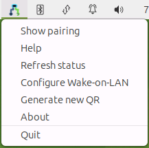 Menú de bandeja de WOL DualBoot Agent con opciones de pairing, Wake-on-LAN, QR y salida.