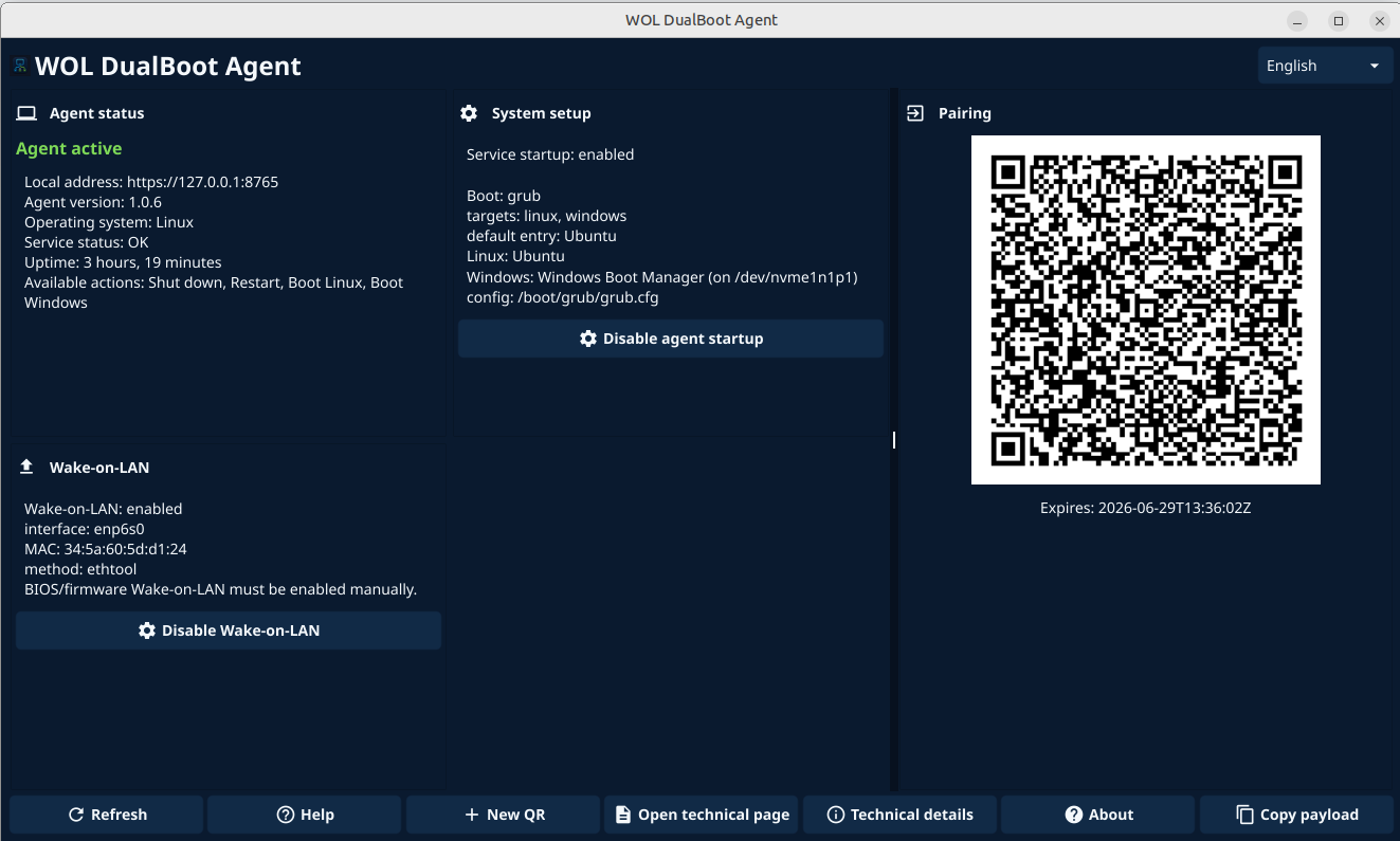 WOL DualBoot Agent mostrando estado del agente, Wake-on-LAN y QR de emparejamiento.